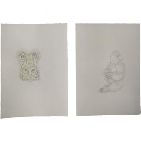 Bleistift Zeichnung, "Blick aus dem Nebel" und "ohne Gesicht", zweiteilig, je 21 x 30 cm--werky