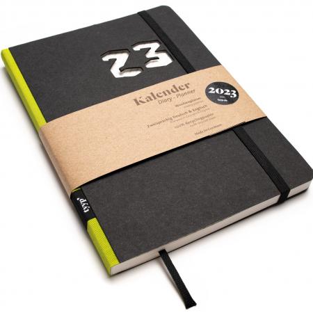 Nachhaltiger Taschenkalender 2023 aus 100 % Recyclingpapier „Design Kalender“ Schwarz-Limette-Grün-tyyp-werky