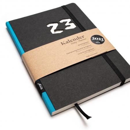Nachhaltiger Taschenkalender 2023 aus 100 % Recyclingpapier „Design Kalender“ Schwarz-Türkis-tyyp-werky