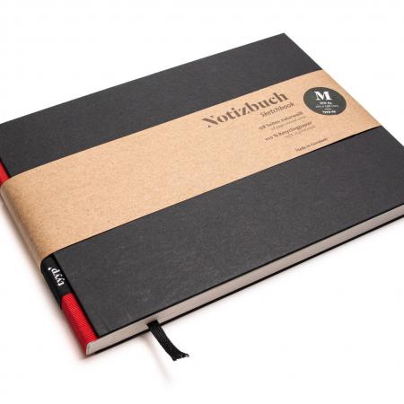Handgemachtes Skizzenbuch A5, Querformat aus 100 % Recyclingpapier „BerlinBook“ - Rot - Schwarz-tyyp-werky