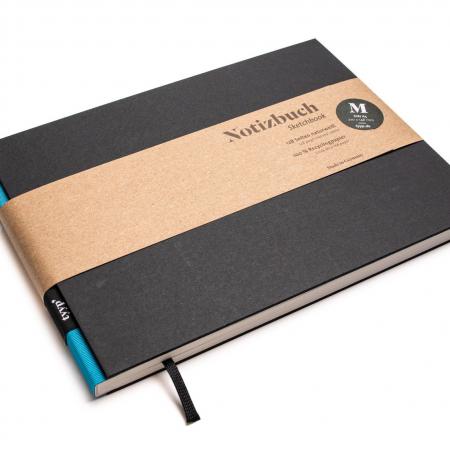 Handgemachtes Skizzenbuch A5, Querformat aus 100 % Recyclingpapier „BerlinBook“ - Türkis Blau - Schwarz-tyyp-werky