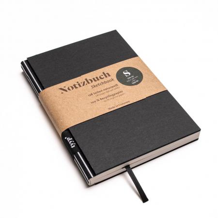 Handgemachtes kleines Design-Notizbuch aus 100 % Recyclingpapier „BerlinBook“ - Schwarz-Weiß gestreift/Schwarz-tyyp-werky