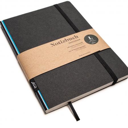 Handgemachtes Design-Notizbuch A5 aus 100 % Recyclingpapier „Klassik“ - Blau weiß gestreift - Schwarz-tyyp-werky