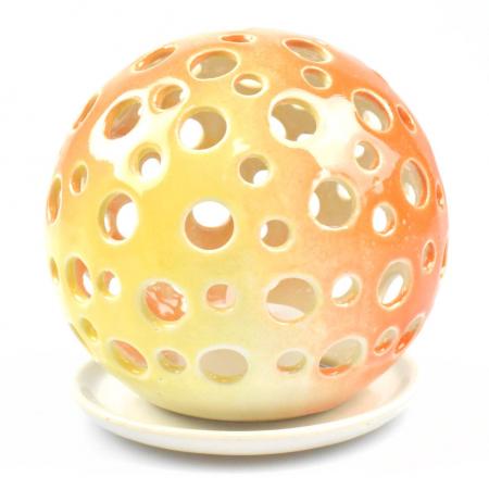 Leuchterkugel aus Keramik für Teelichter, 2-Loch-Muster (Gelb-Orange)-Pommerscher Diakonieverein-werky