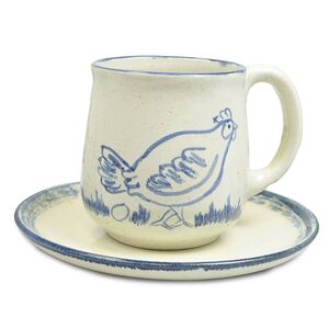 Kindergeschirr aus Keramik mit "Huhn" Motiv, Tasse & Teller, handgemacht-Pommerscher Diakonieverein-werky